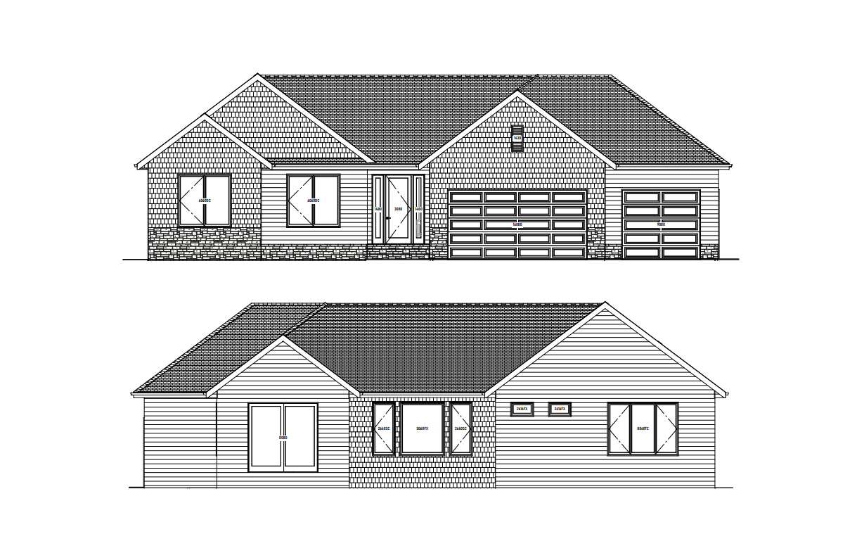 Two house architectural drawings, one with a gabled roof and the other a gable roof with a central section.