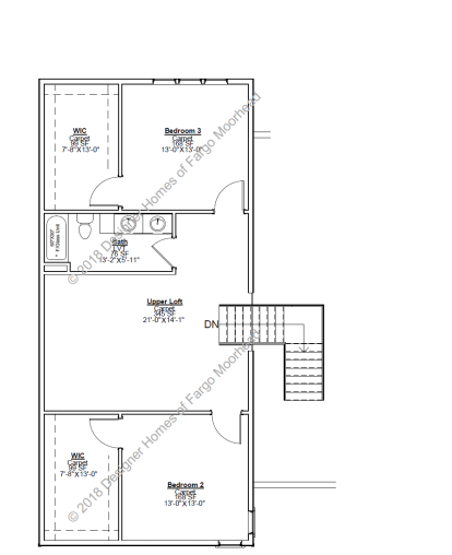 Floor plan: second story of a home, showing bedrooms, loft, bathroom, and stairway.