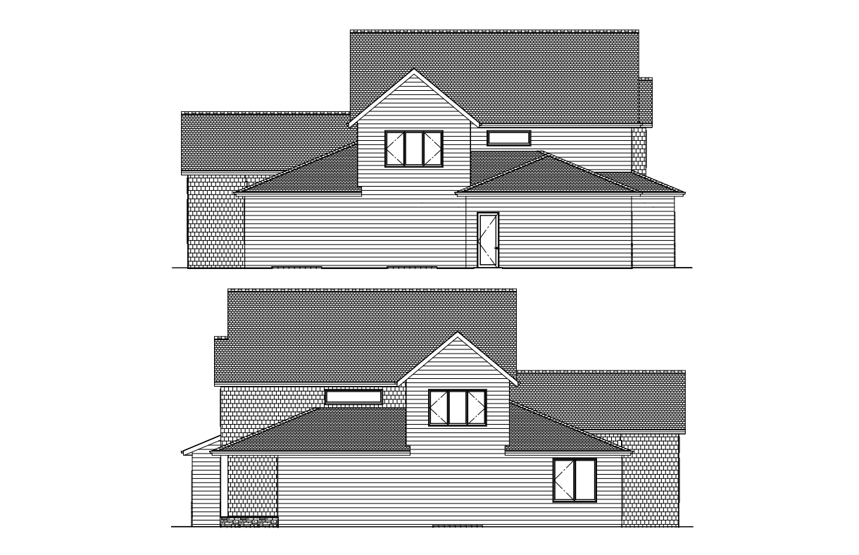 Two side elevations of a house with gabled roof, horizontal siding, and windows.