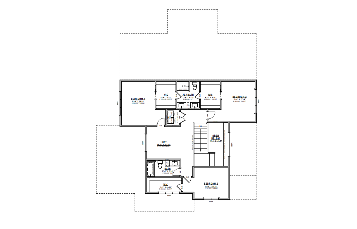 Floor plan of a house with labeled rooms, including bedrooms, bathrooms, kitchen, and living room.