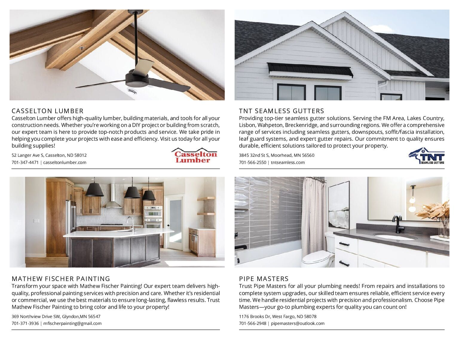 Flyer with four home interior photos: ceiling with beams, exterior of a house, kitchen, and a bathroom.