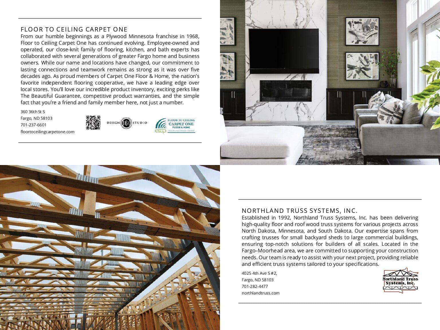 Collage: interior design photo and text about construction and architectural services.