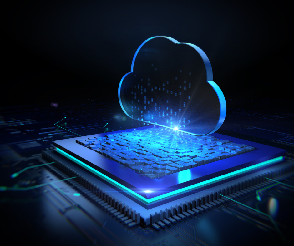 Blue glowing cloud icon hovering over a circuit board, symbolizing cloud computing.
