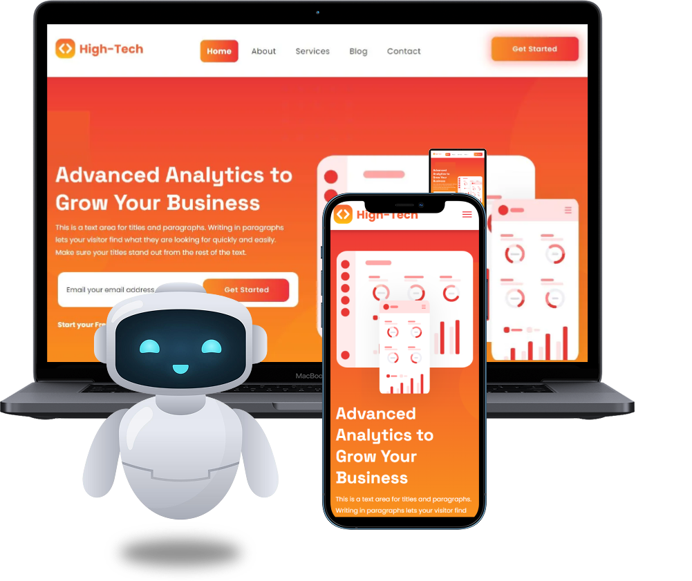Laptop, phone, and robot showcasing "High-Tech" analytics. Orange gradient background.