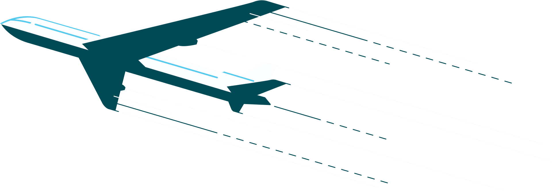 Silhouette of a teal airplane in flight with dotted lines trailing behind.
