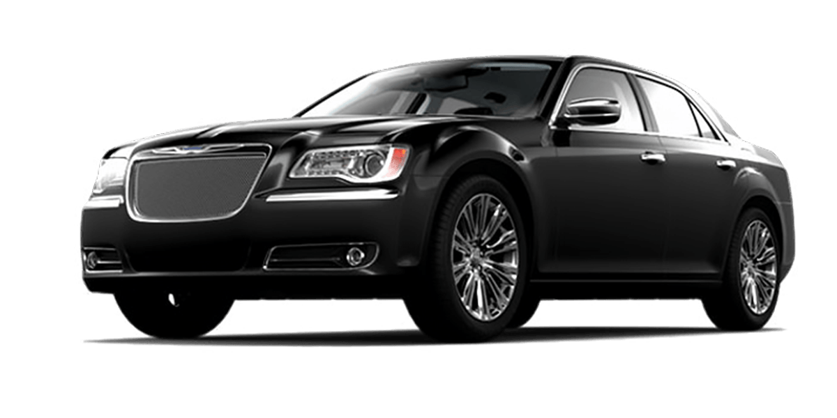 Black Chrysler 300 sedan with chrome wheels, on a white background.