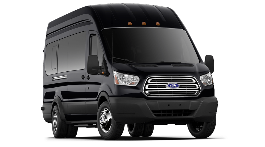 Black Ford Transit passenger van.