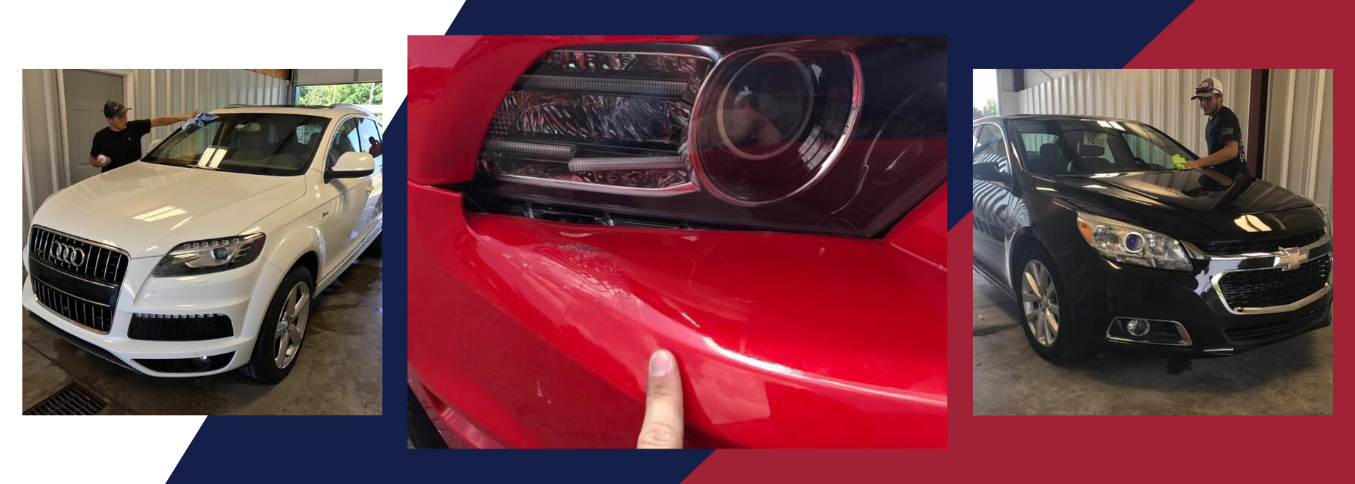 A collage shows a person detailing a white SUV, a close-up of a finger pointing to a red car bumper, and a black sedan.
