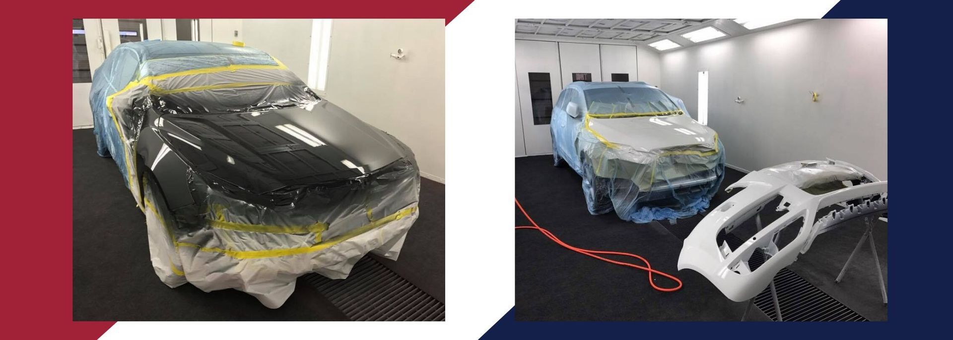 A split-screen showing a car in a paint booth, with the front bumper removed and being prepared for refinishing.
