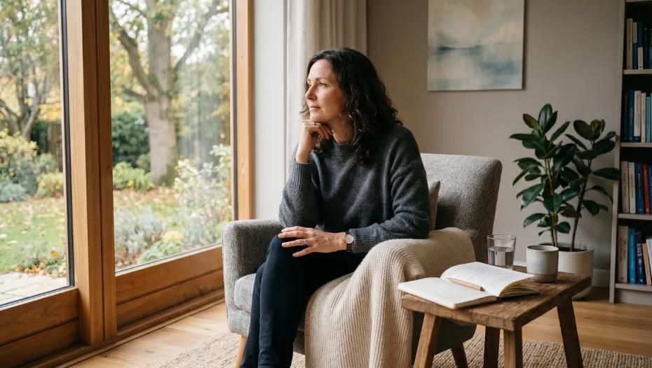 Person sitting by a large window in a cozy living room, looking outside with an open book on a side table.