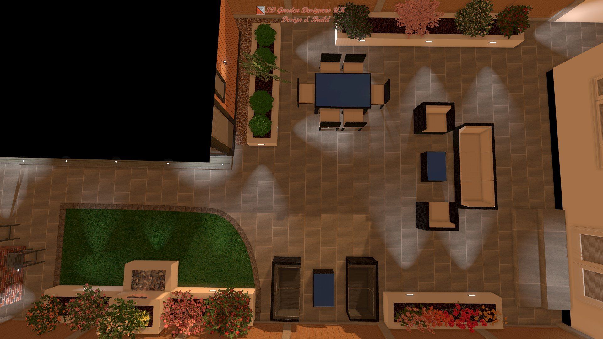 Overhead view of a lit patio with outdoor furniture, including a dining set, sofa, and planters.