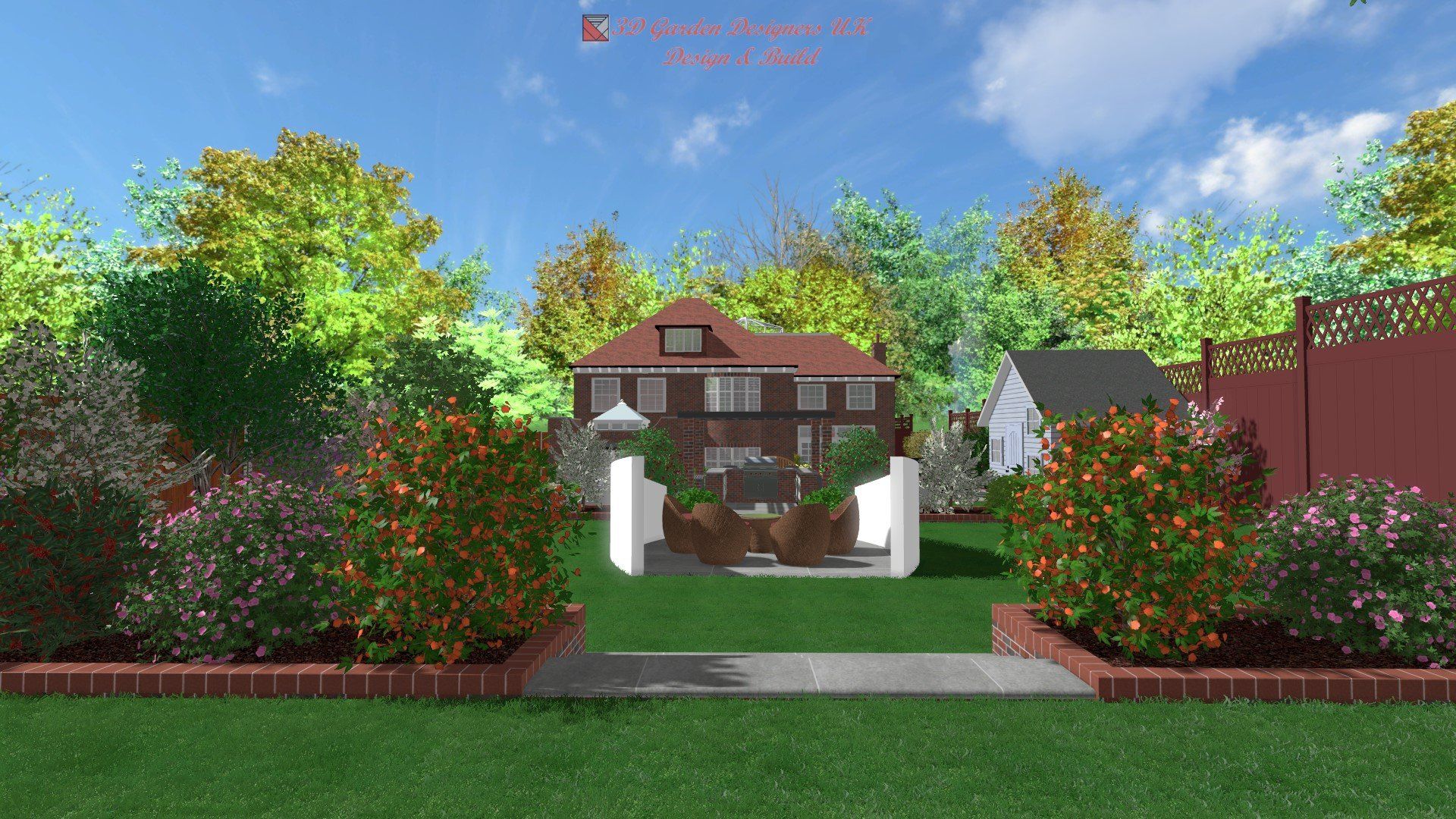 A rendered backyard scene with a two-story house, shrubs, trees, and a pathway.