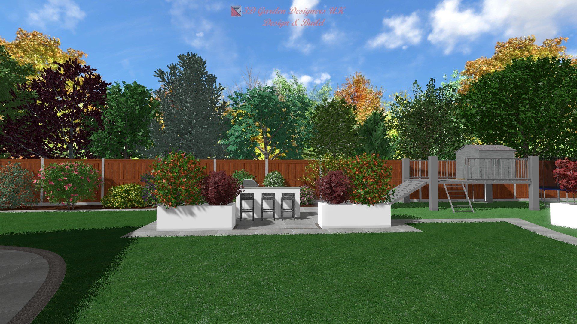 Backyard with patio table and play set; surrounded by grass, trees, and fence on a sunny day.