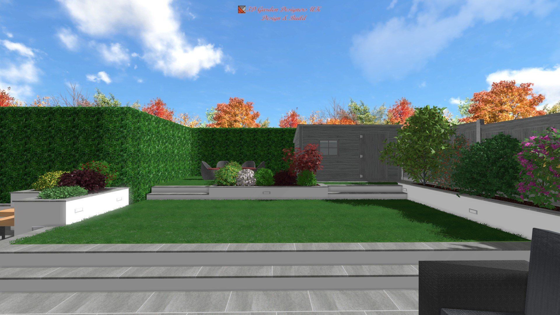 Backyard with a green lawn, flower beds, hedge, concrete walls, and blue sky.