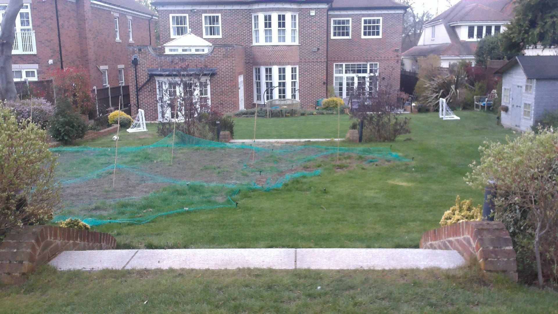 Backyard view of a brick house with a green lawn, net, and small shed.