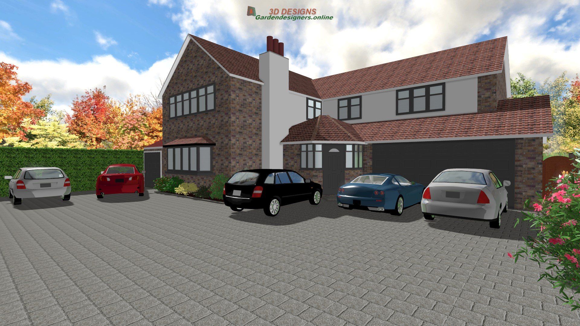 Brick house with cars parked in front. Autumn trees in the background, blue sky.