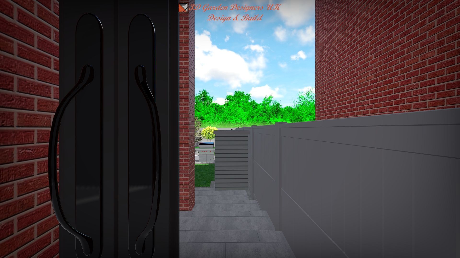 View through an open black door into a brick-lined entryway. A gray wall and a blue sky with trees are visible.