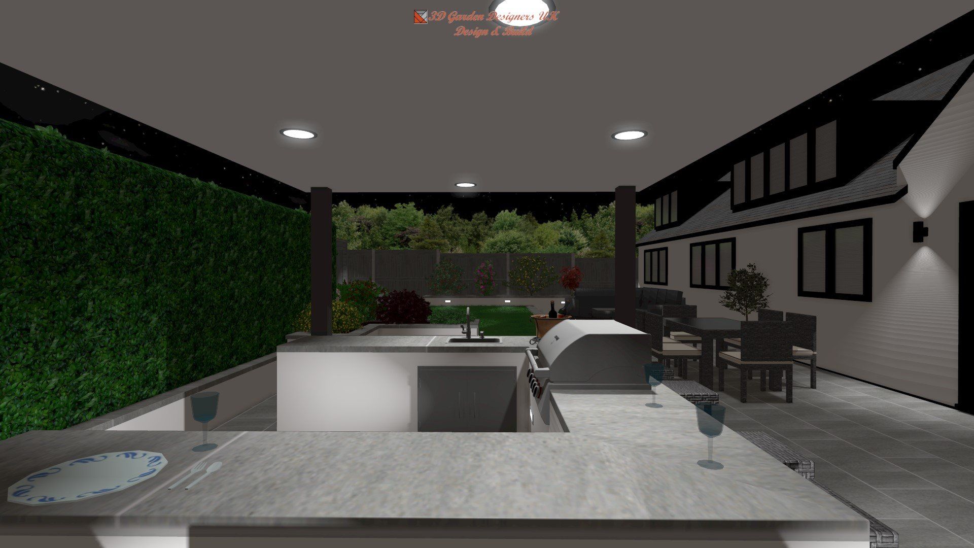 Outdoor kitchen with grill, sink, countertop, and dining area at night.
