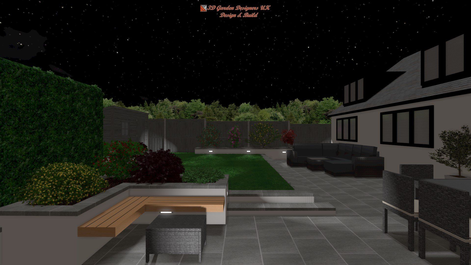 Night view of a modern backyard with patio furniture, greenery, and house; lit up by stars and lights.