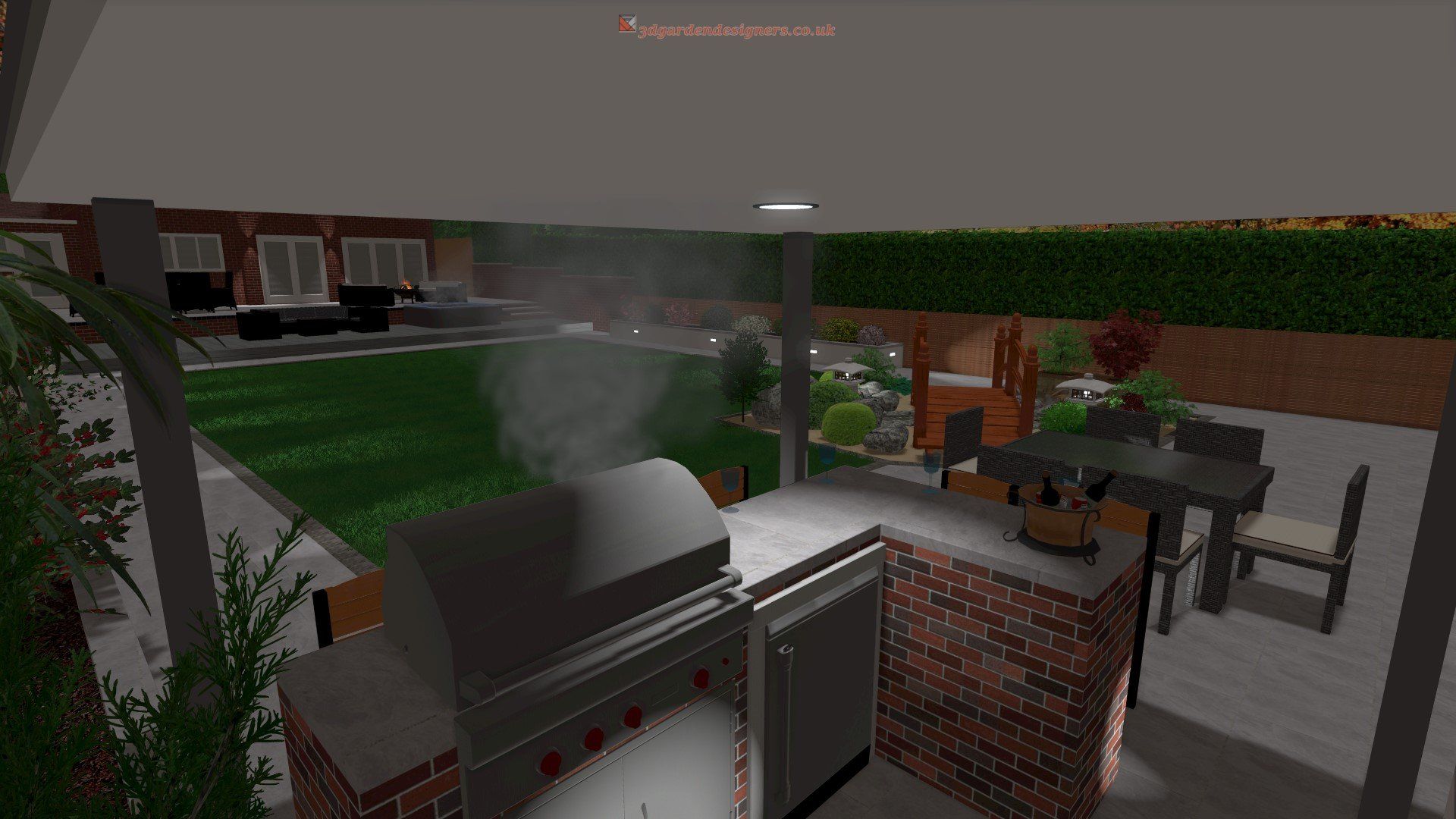 Outdoor kitchen with grill, patio furniture, green lawn, and hedge fence. Smoke rising.