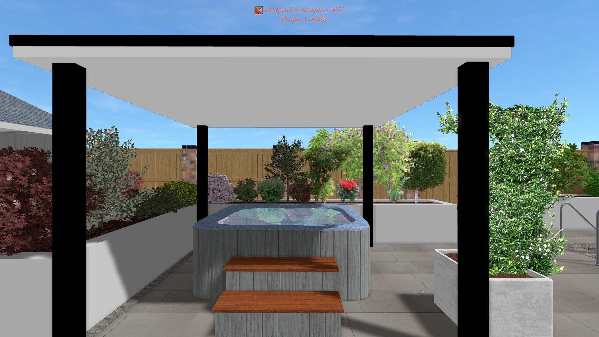 Outdoor patio with a hot tub under a white canopy with black columns, surrounded by greenery.