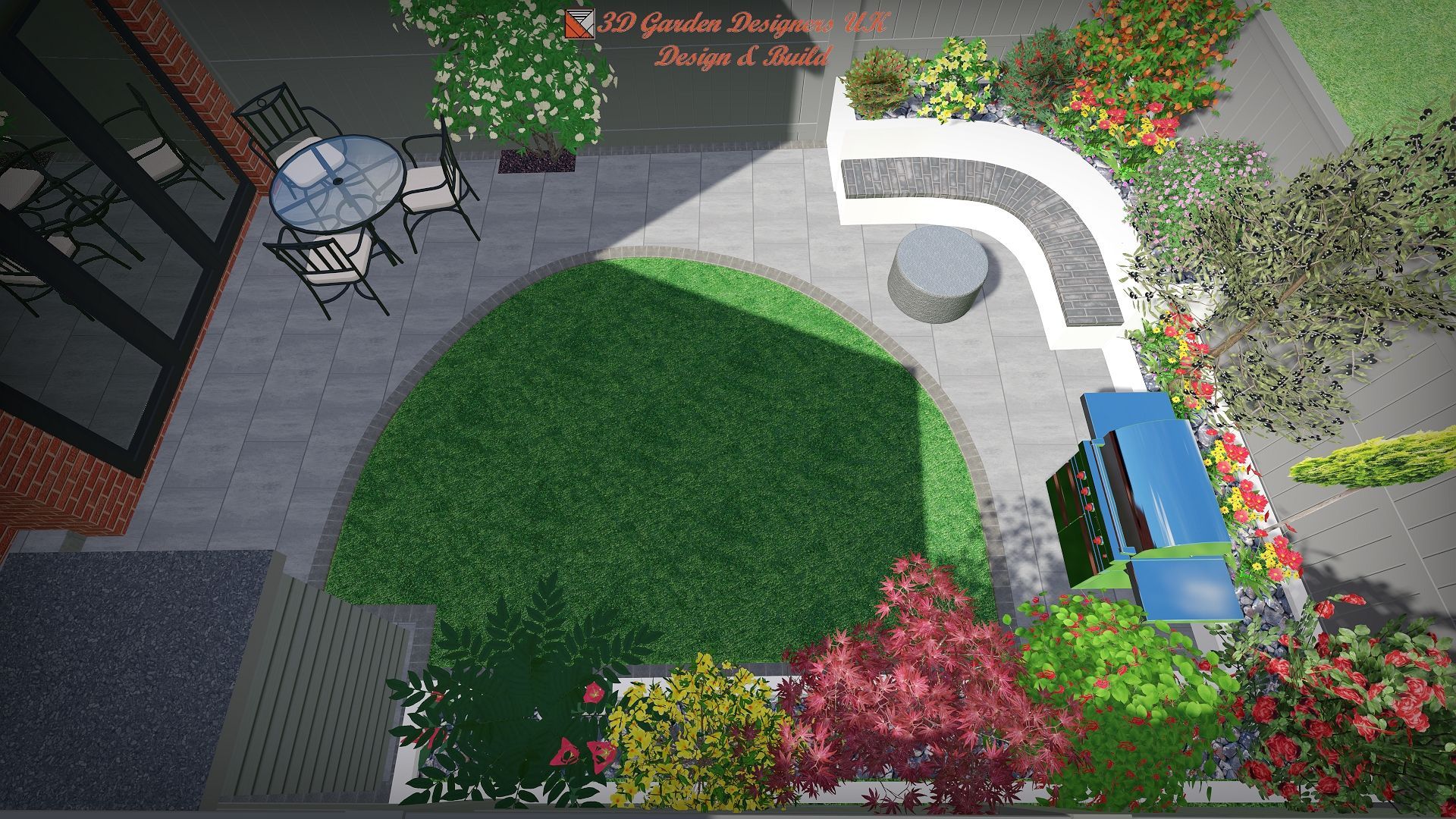 Overhead view of a modern backyard design with a patio, lawn, and curved planting beds.