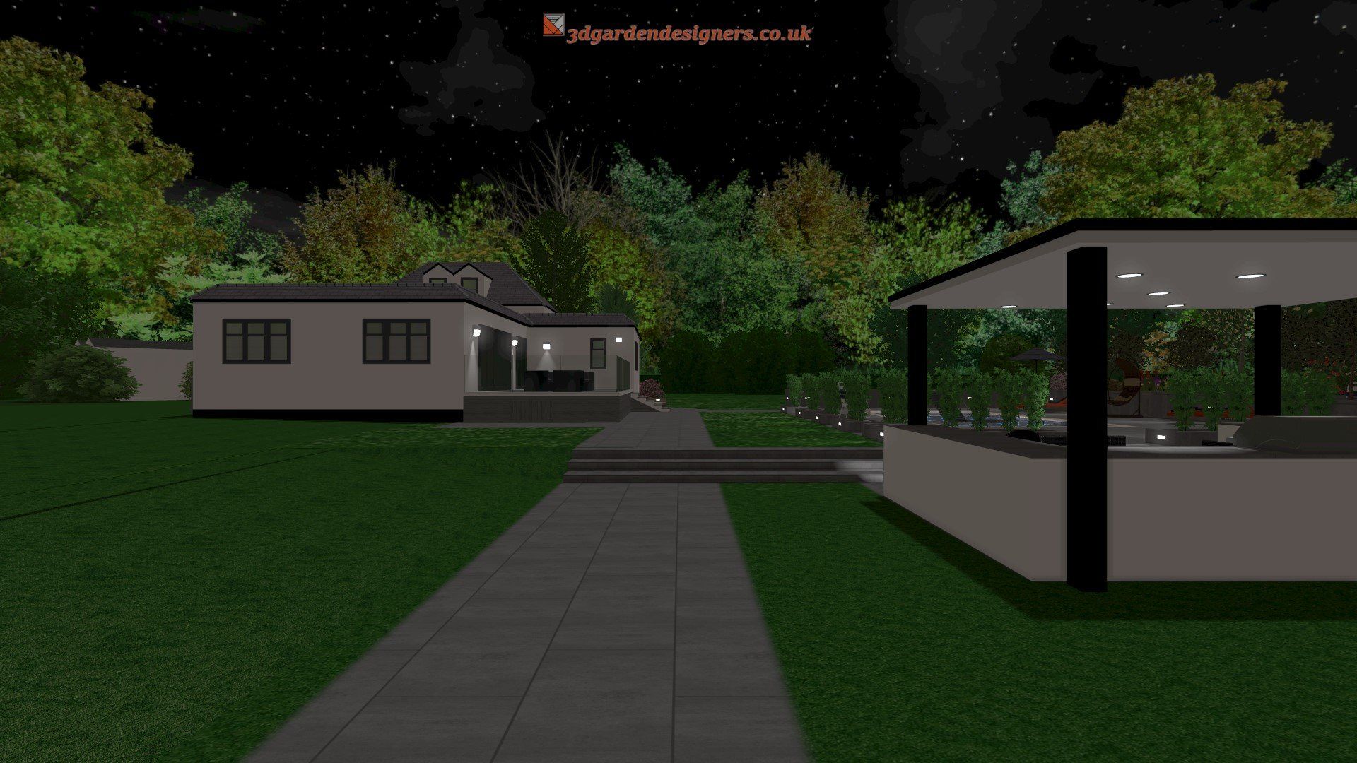 Night scene: illuminated modern house and gazebo with a stone walkway, green lawn, and trees under a starry sky.