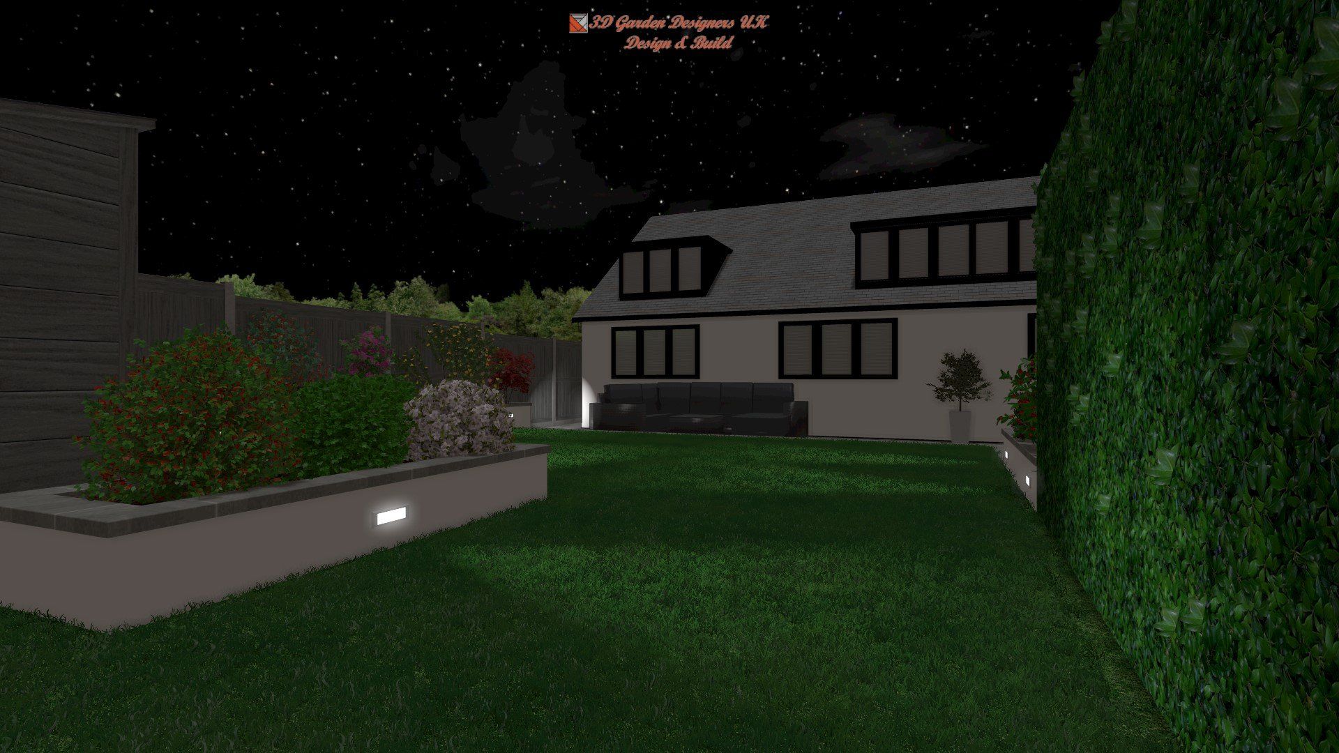 Backyard scene at night. House with lit windows, lawn, hedges, and planter boxes.