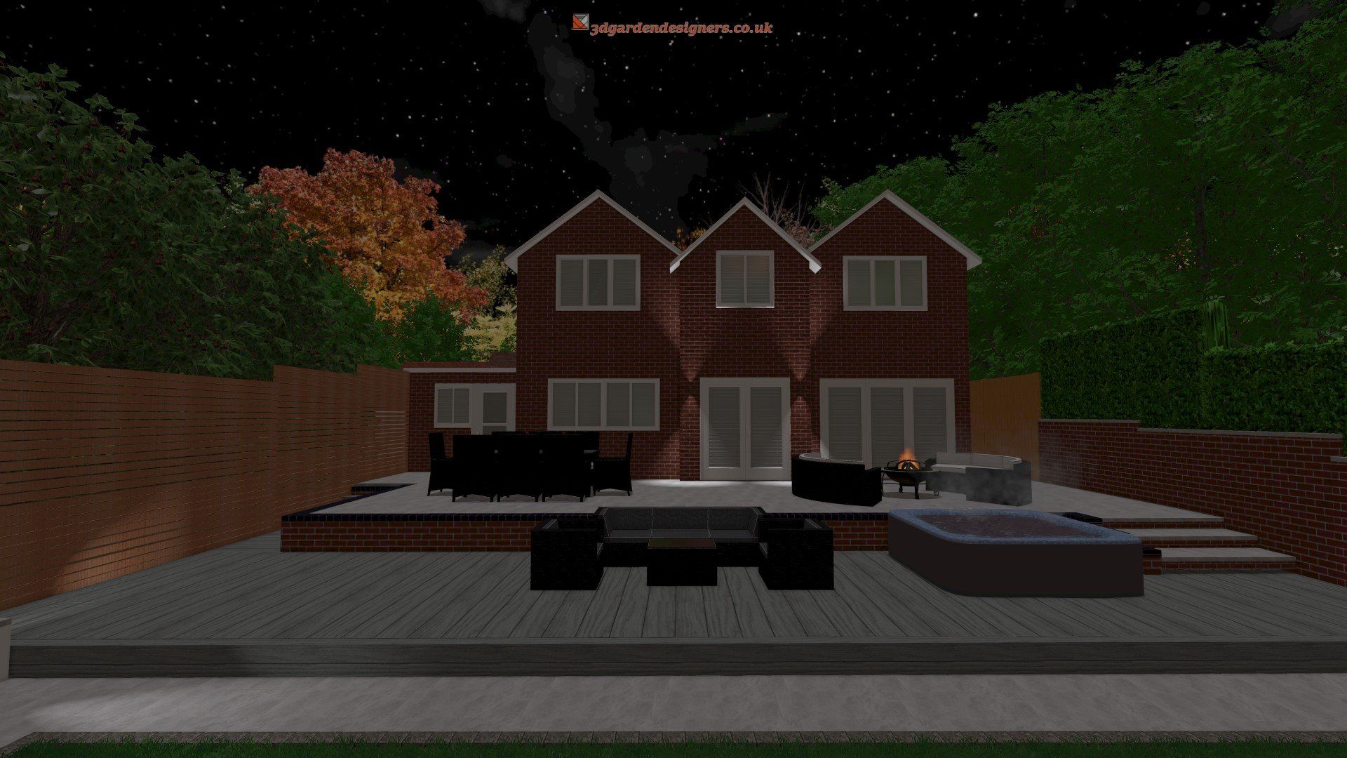 Night scene: A brick house with a wooden deck, outdoor furniture, and a hot tub.