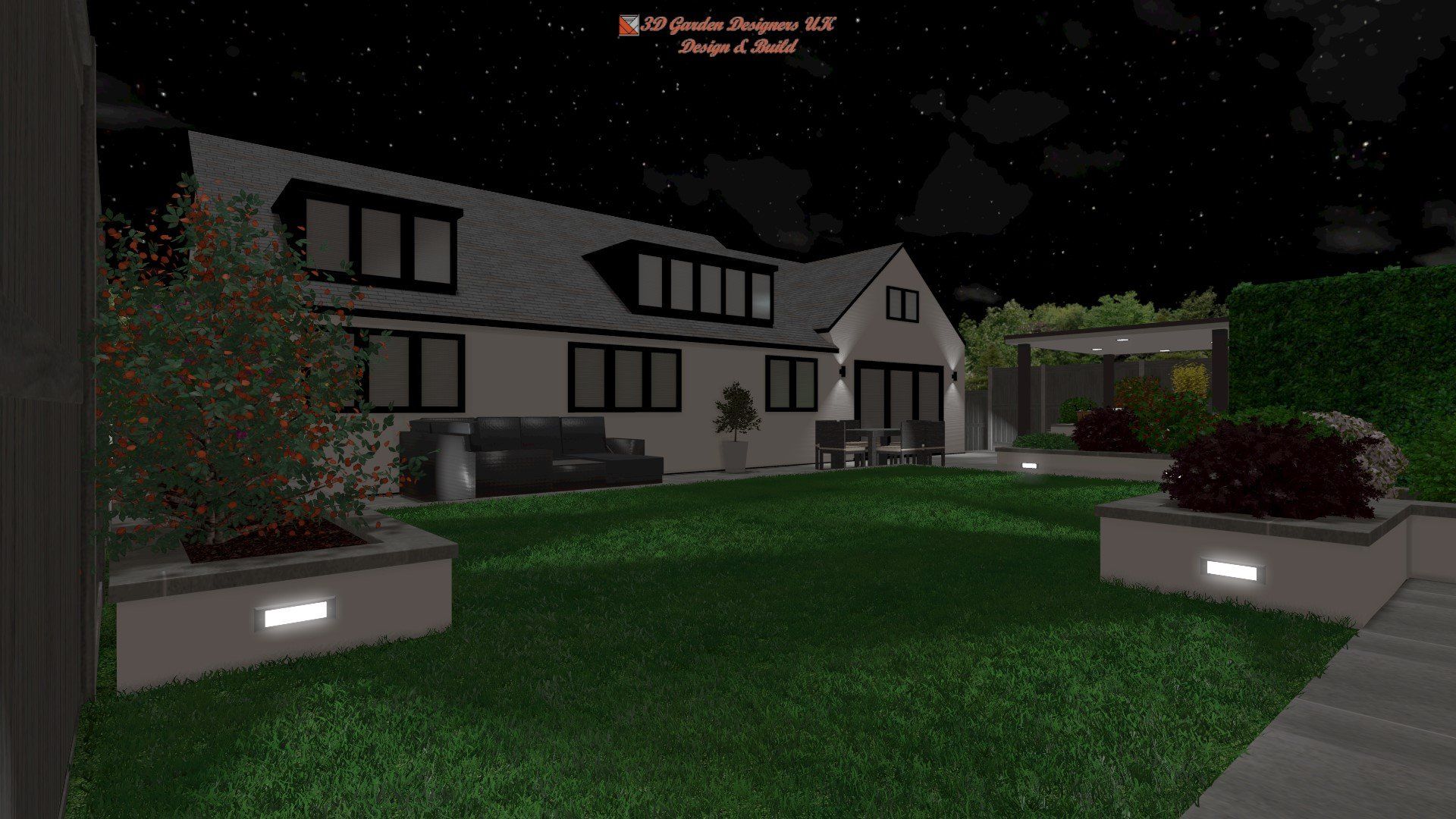 Night view of a house's backyard, with a lawn, landscaping, and illuminated features.