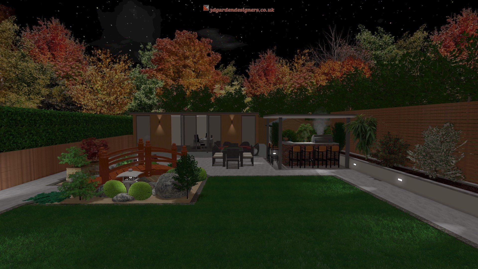 Nighttime backyard scene with patio, seating, and lush autumn trees.