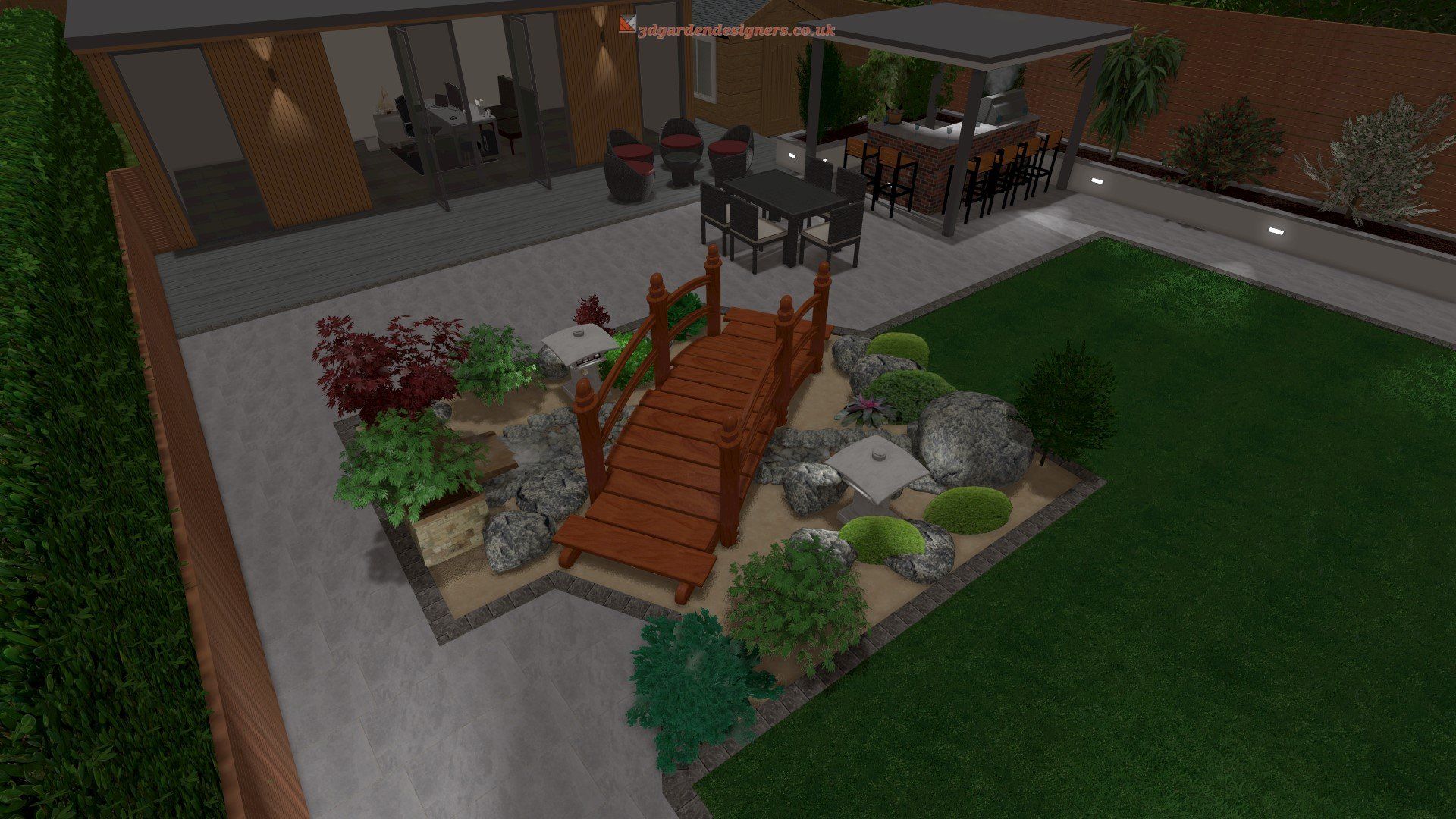 Backyard landscape design with wooden bridge over rocks and greenery; patio, seating area.