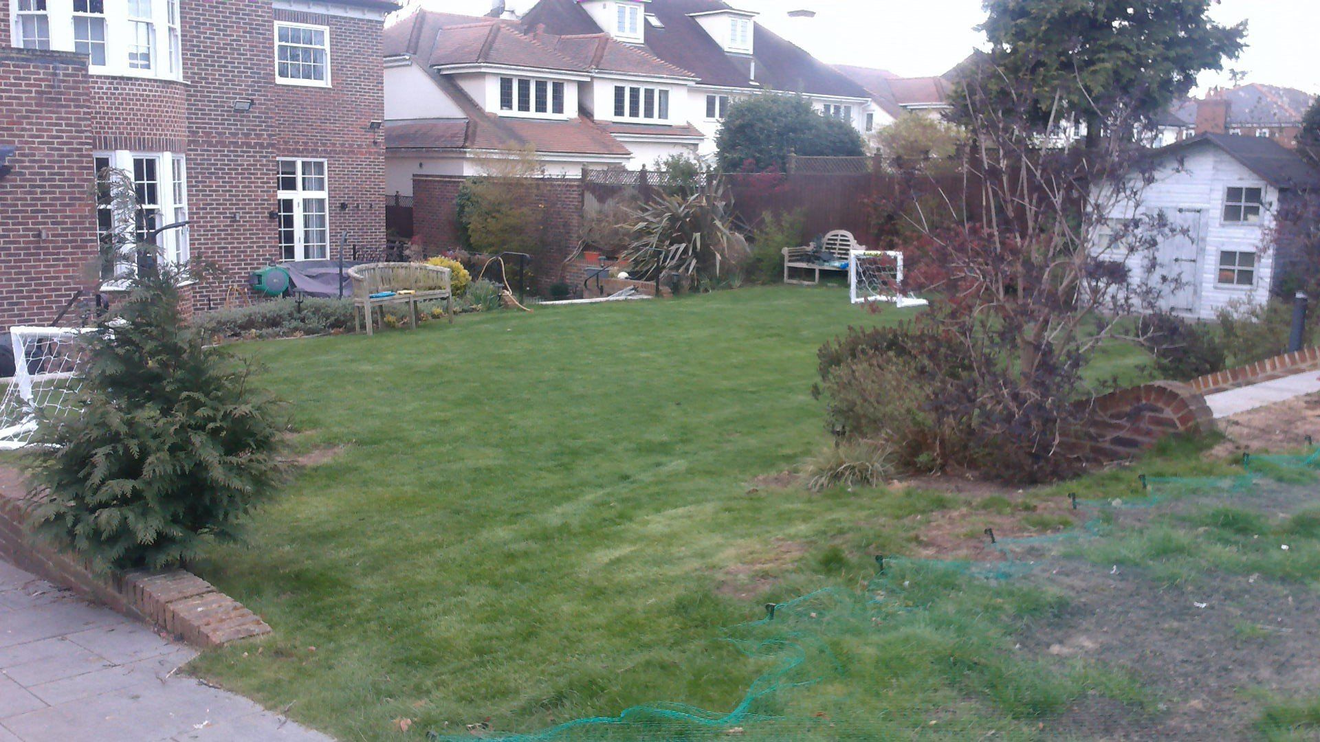 Lawn with house and garden, small shed, trees, and other homes in the background.