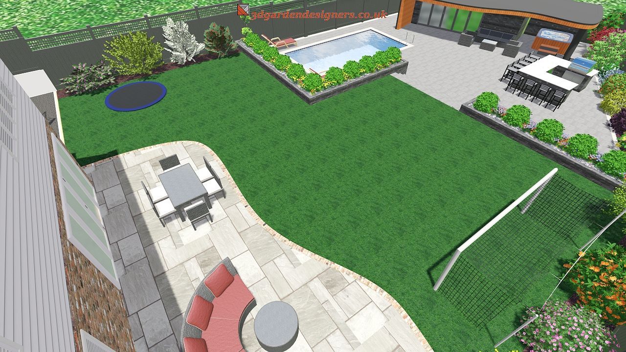 Backyard rendering with a pool, patio, lawn, trampoline, dining area, and soccer net.