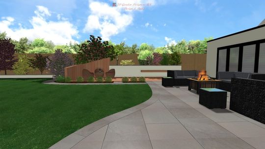 Rendered outdoor patio with seating, fire pit, and stone garden bed, on a sunny day.