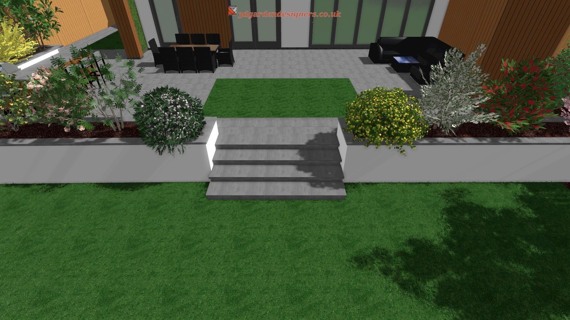 Green lawn leads to a patio with seating, garden beds, and house with glass doors.