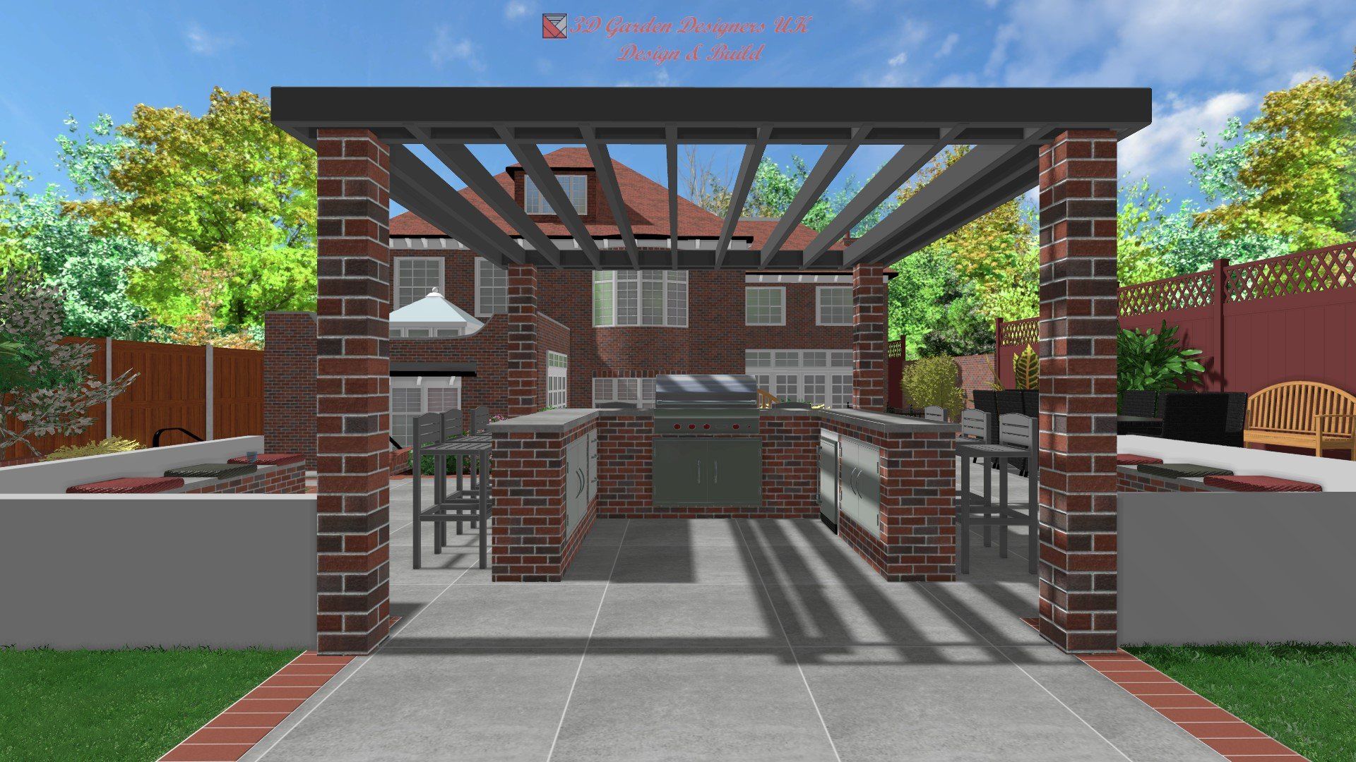 Outdoor kitchen with brick structures, grill, and pergola, with a house in the background.