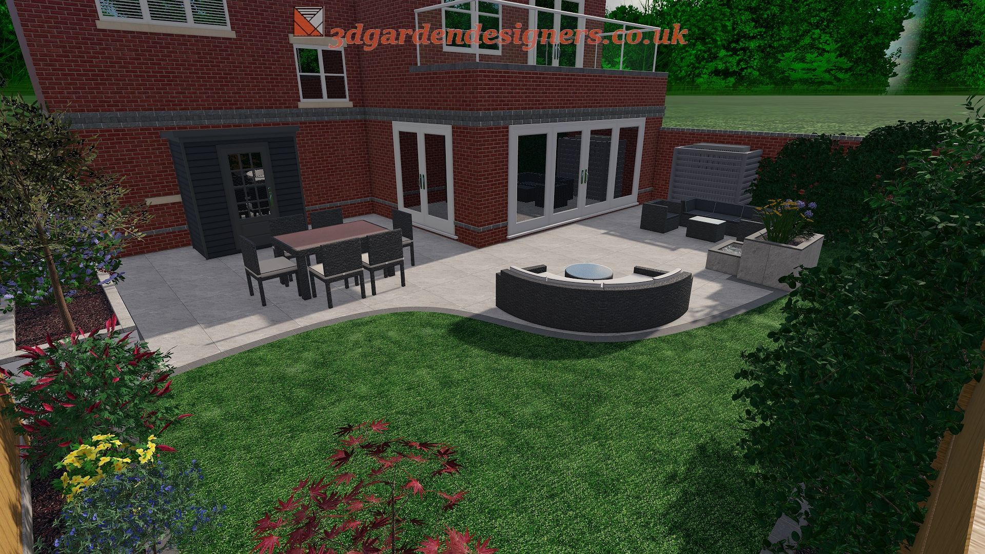 Backyard patio with seating, table, fire pit, and brick house. Lush green grass and colorful bushes.