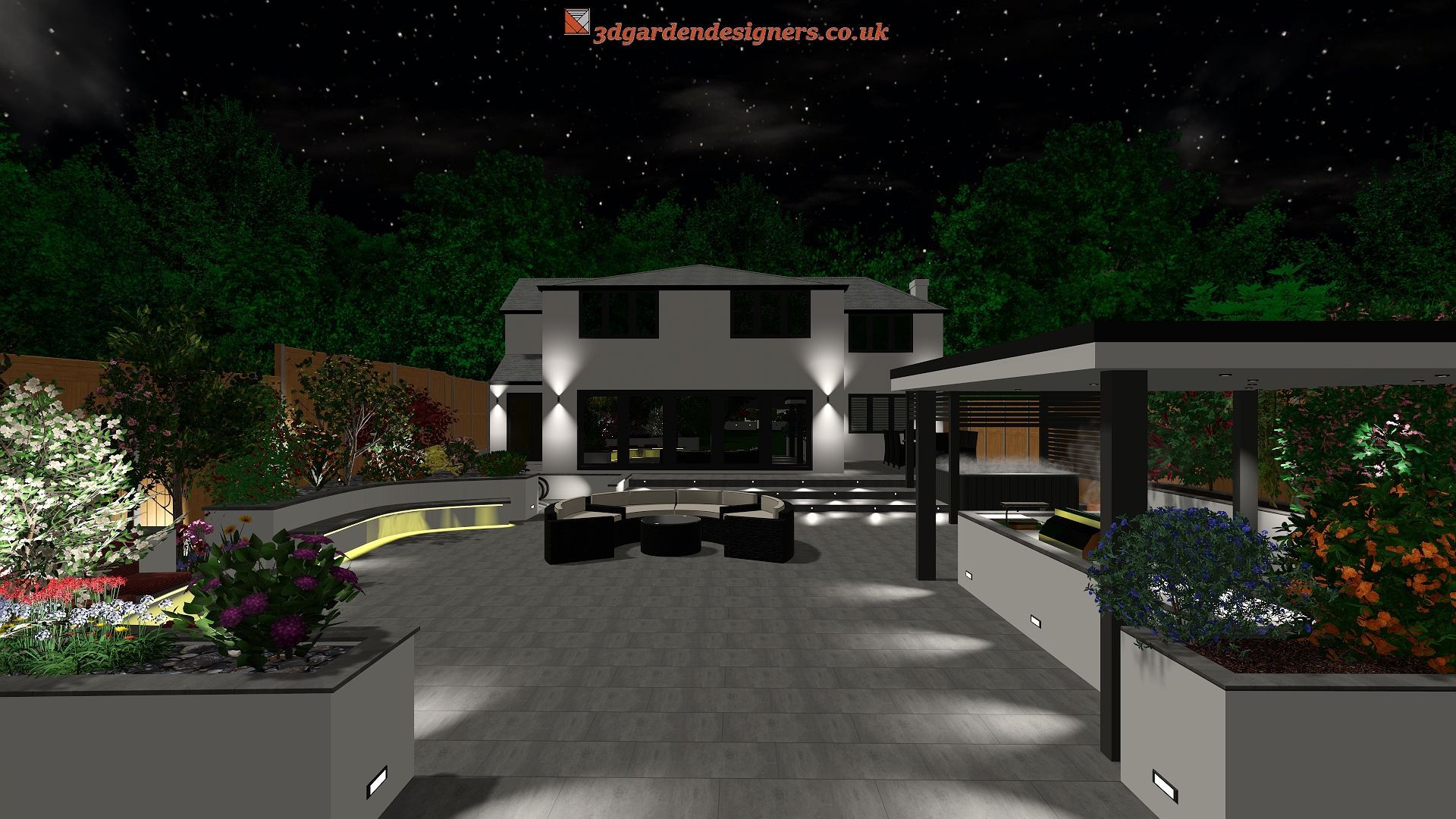 Nighttime view of a modern house with outdoor lighting illuminating a patio and landscaping.