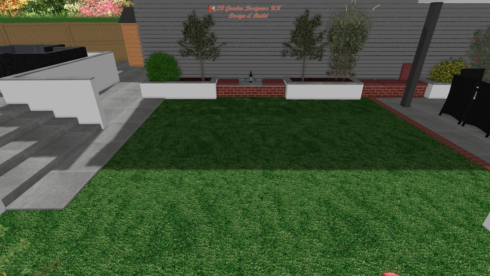 A garden design rendering with a green lawn, brick planters, and trees.