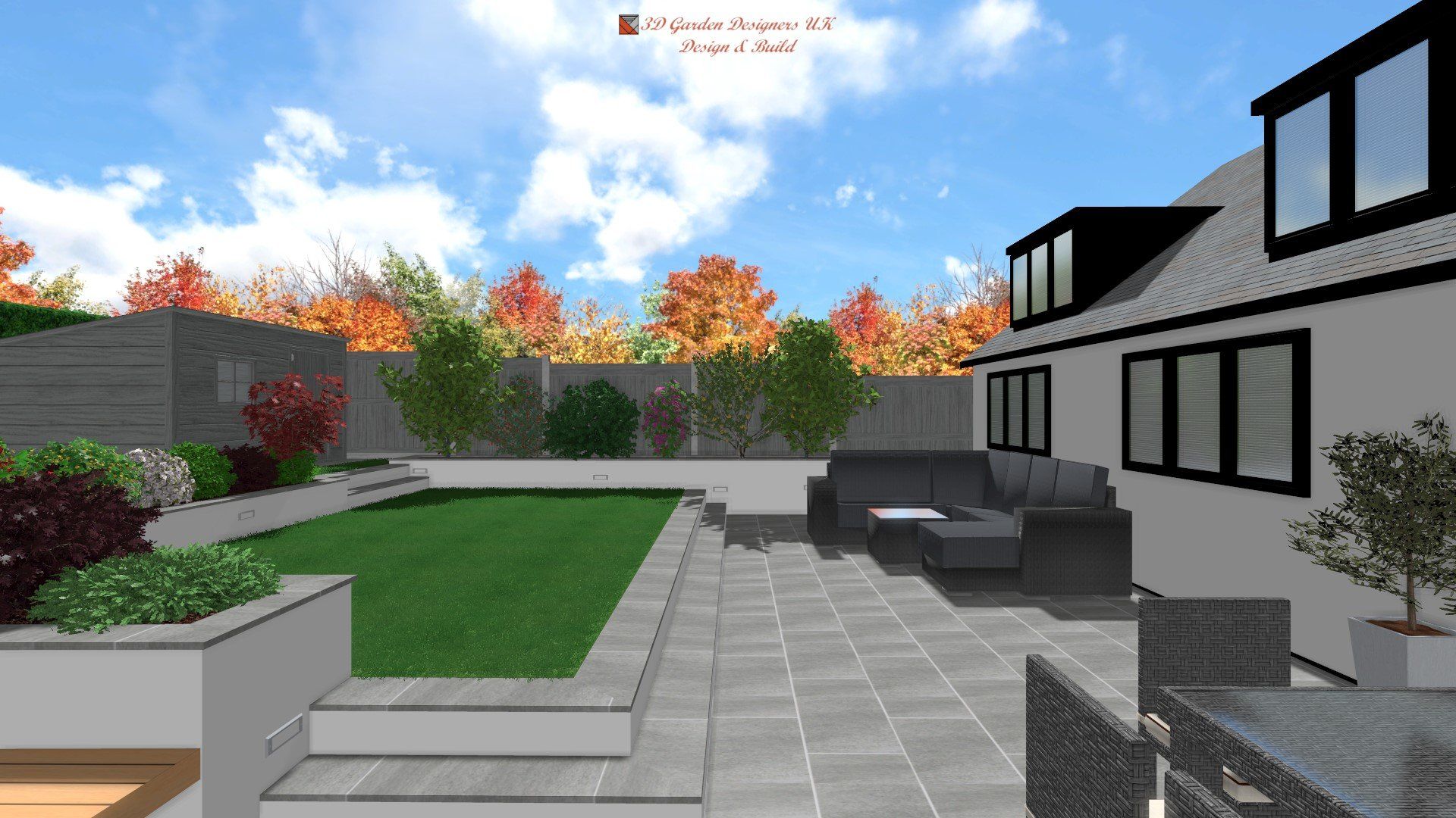 3D rendering of a modern backyard with patio, lawn, and house with black trim, autumn trees.
