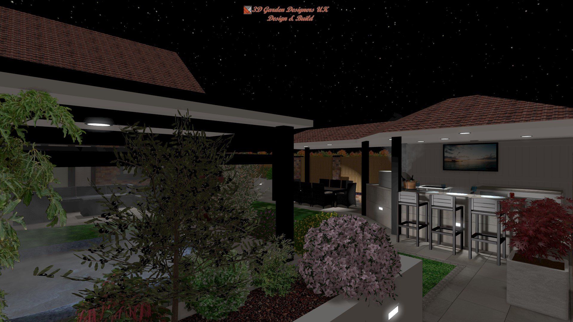 Nighttime exterior view of a modern building with a tiled roof, open patio bar, and landscaping.