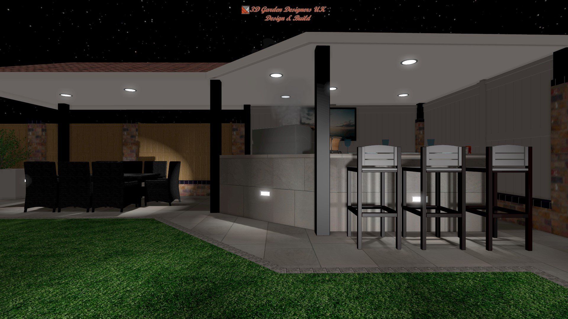 Outdoor kitchen with seating, illuminated at night. Concrete countertops, black bar stools, dining table.