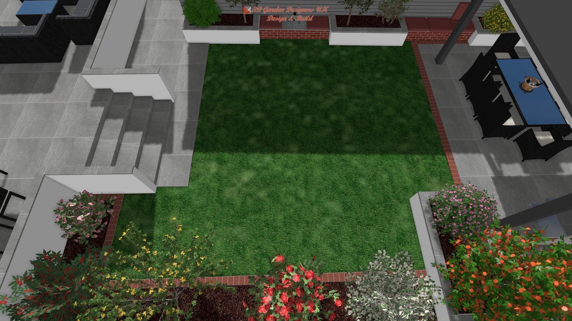 Aerial view of a modern backyard with lawn, patio seating, a dining table, and flower beds.