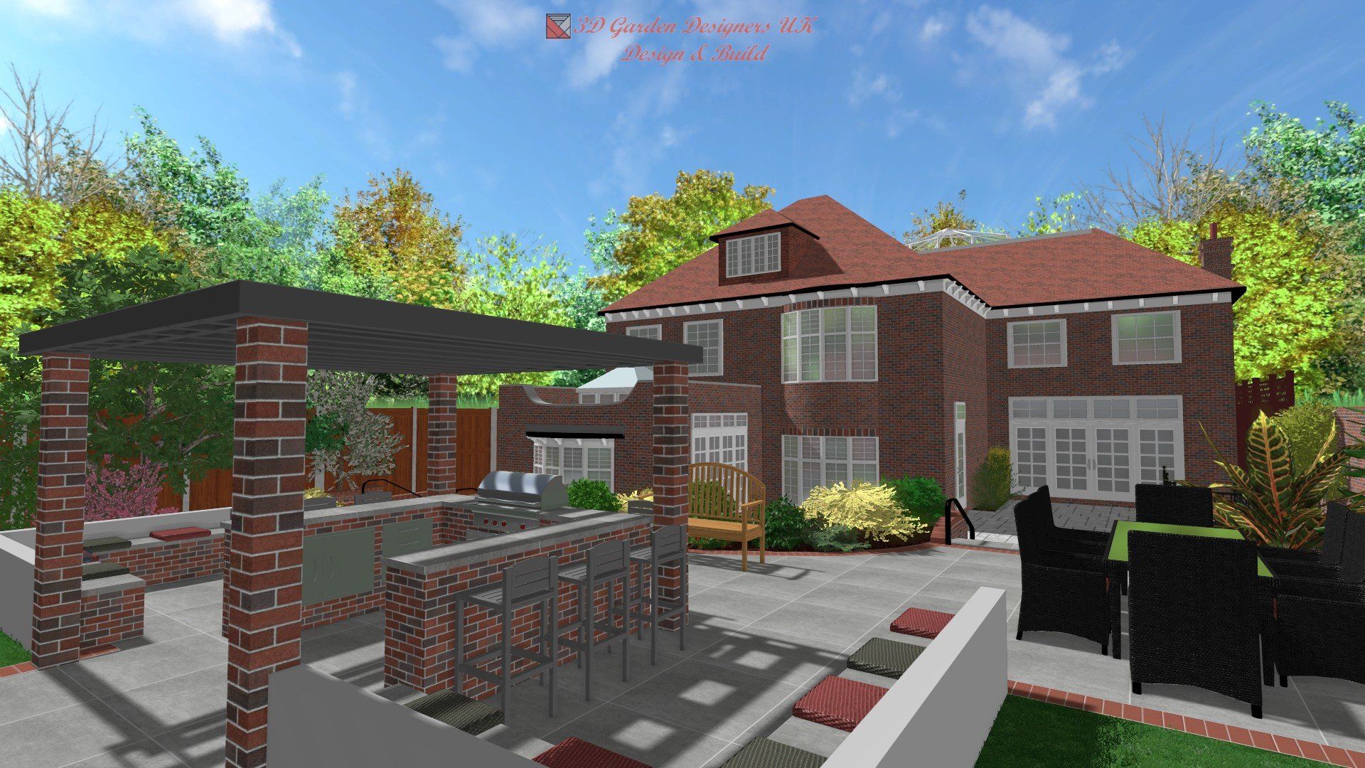 Outdoor kitchen and patio with a brick house in the background, sunny day.
