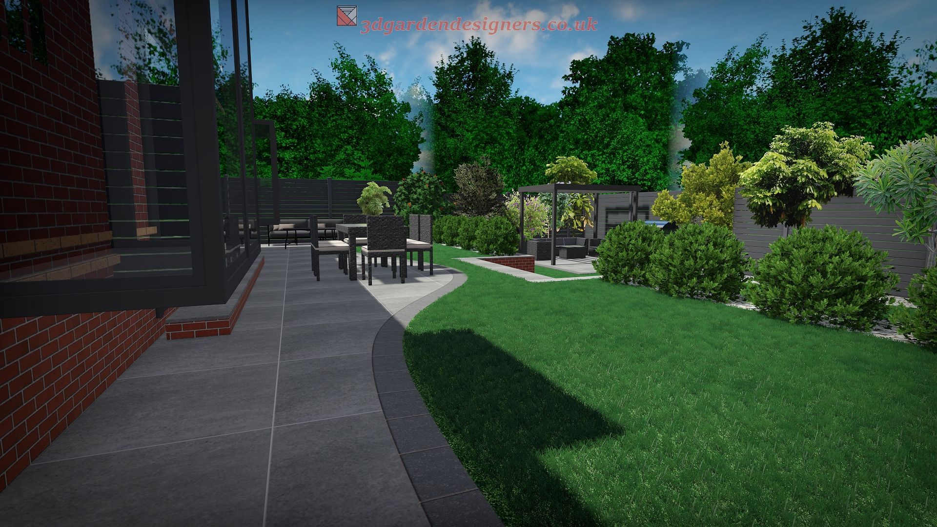 Backyard with patio, lawn, and landscaping. Dark patio furniture, green grass, trees, and shrubs.