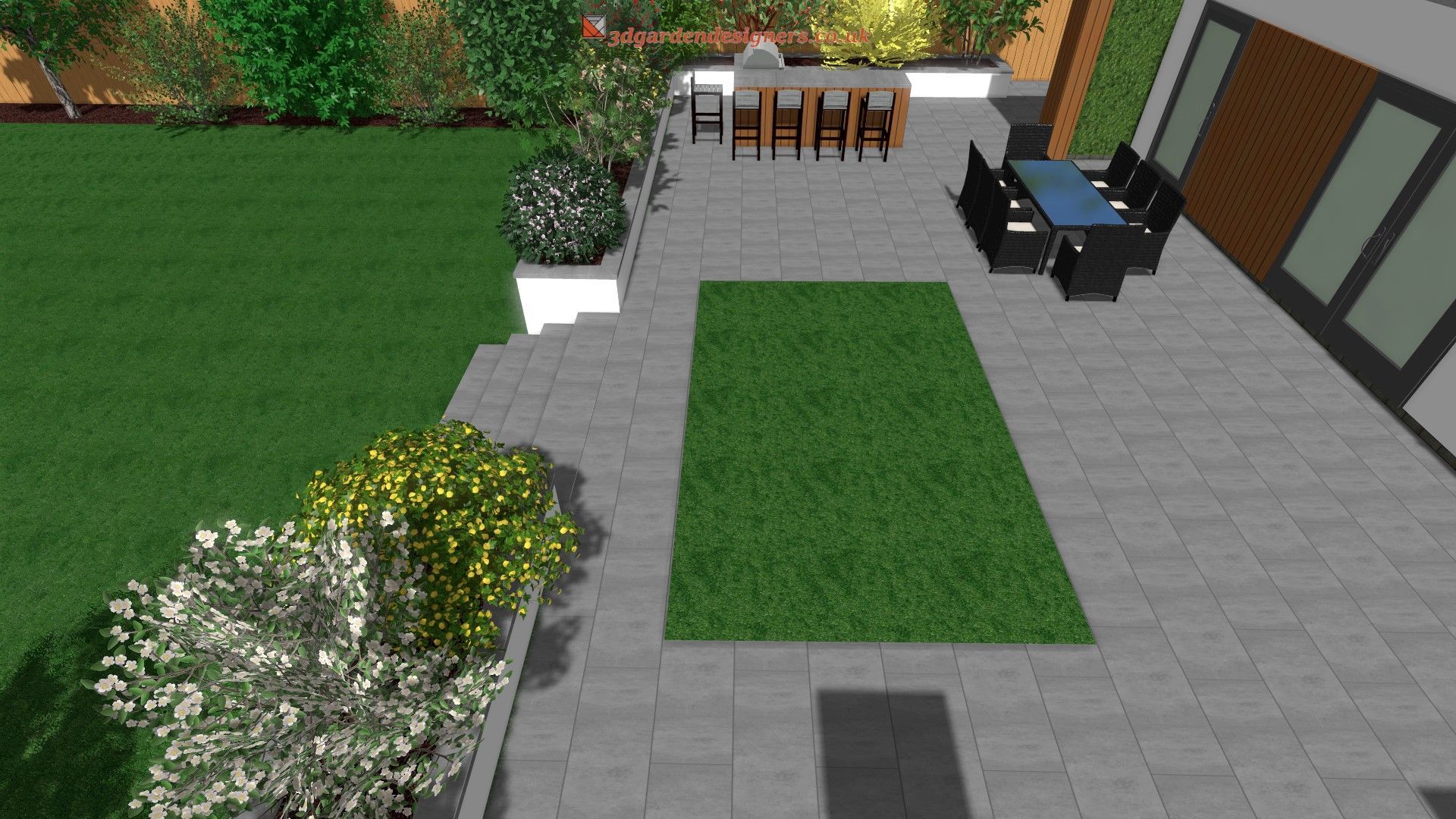 Overhead view of a modern backyard with patio, dining sets, lawn, and landscaping.
