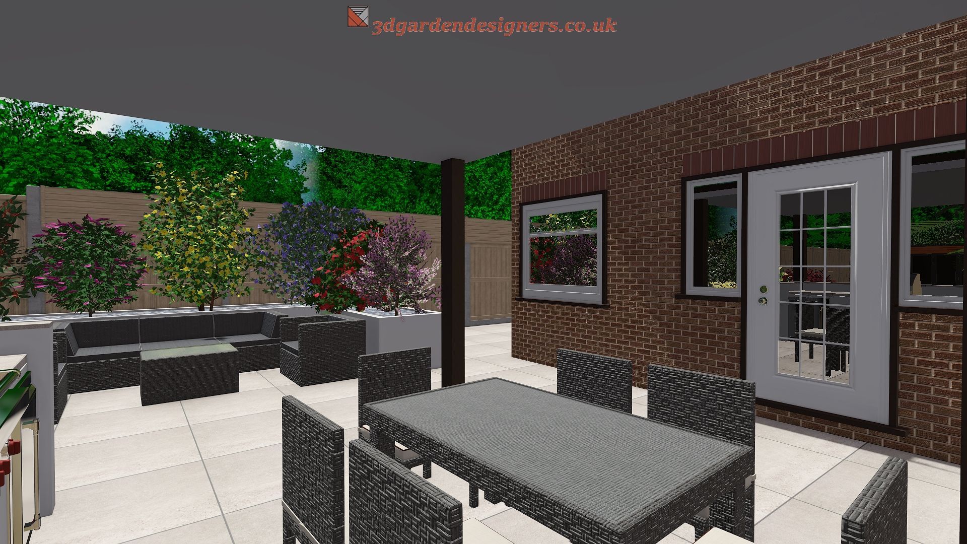 Patio design rendering with outdoor furniture, brick wall, and greenery.