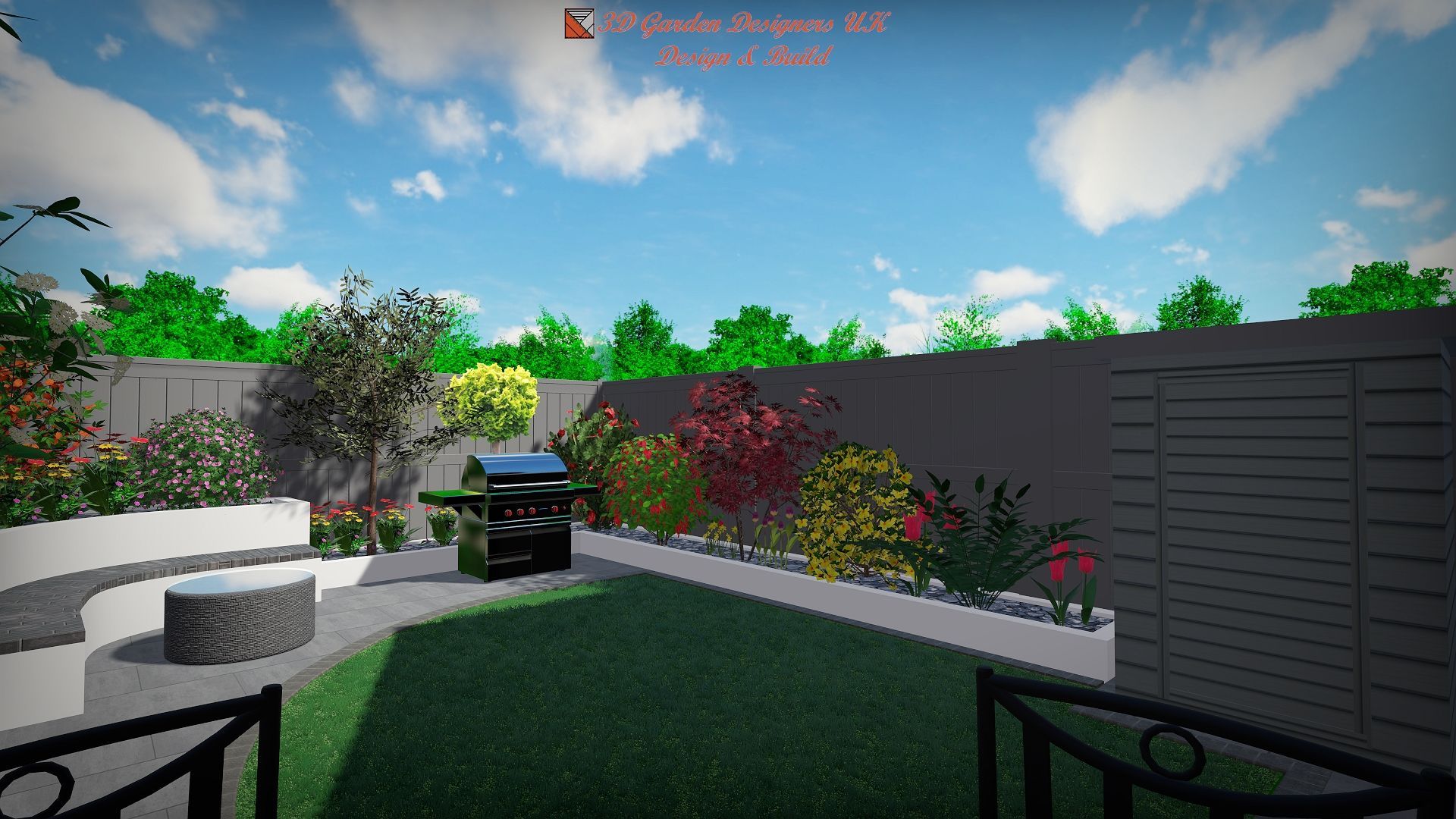 Backyard with a grill, seating, and colorful plants along a wall under a blue sky.