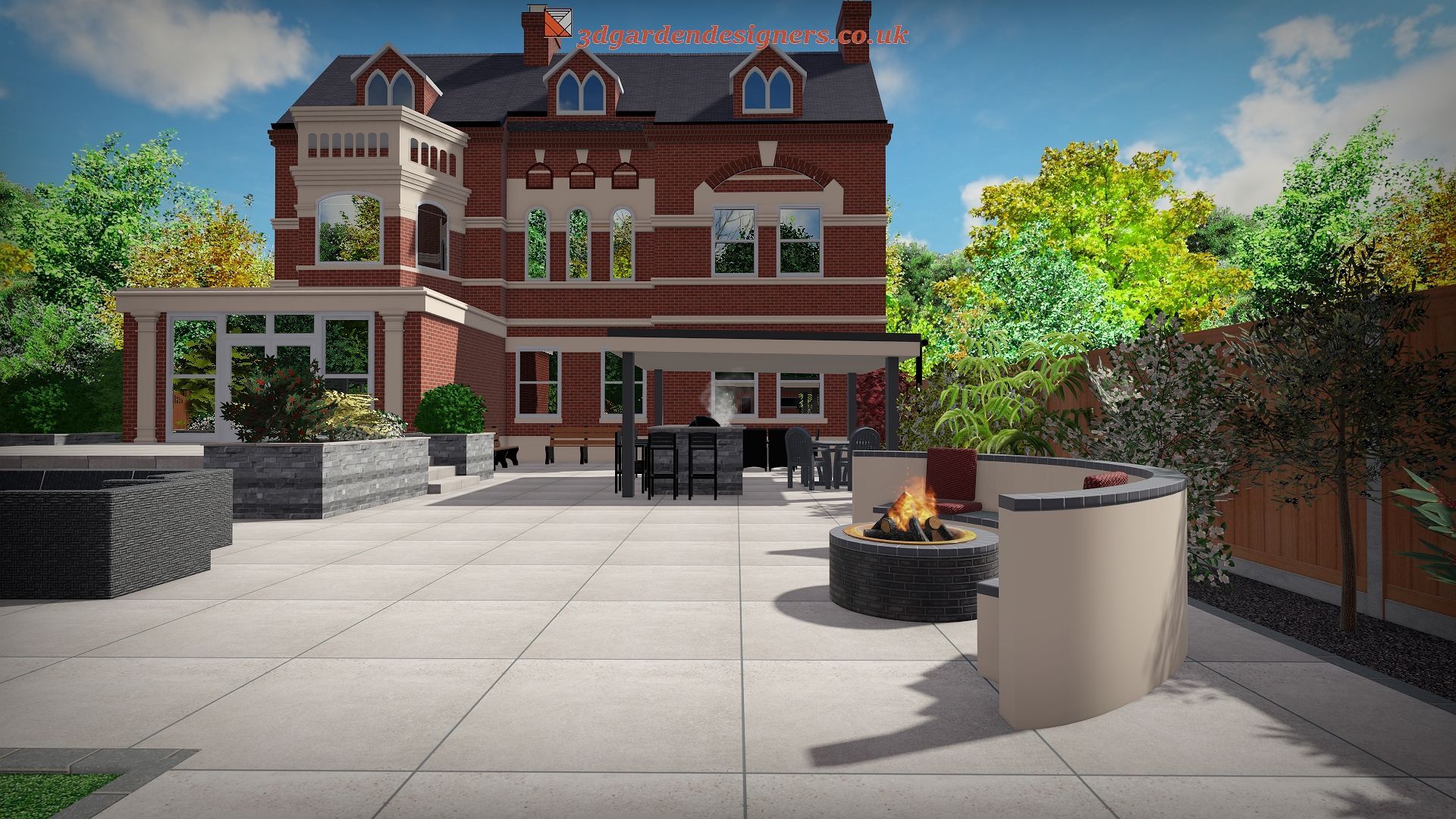 A large brick house with a paved patio, outdoor seating, and a fire pit on a sunny day.